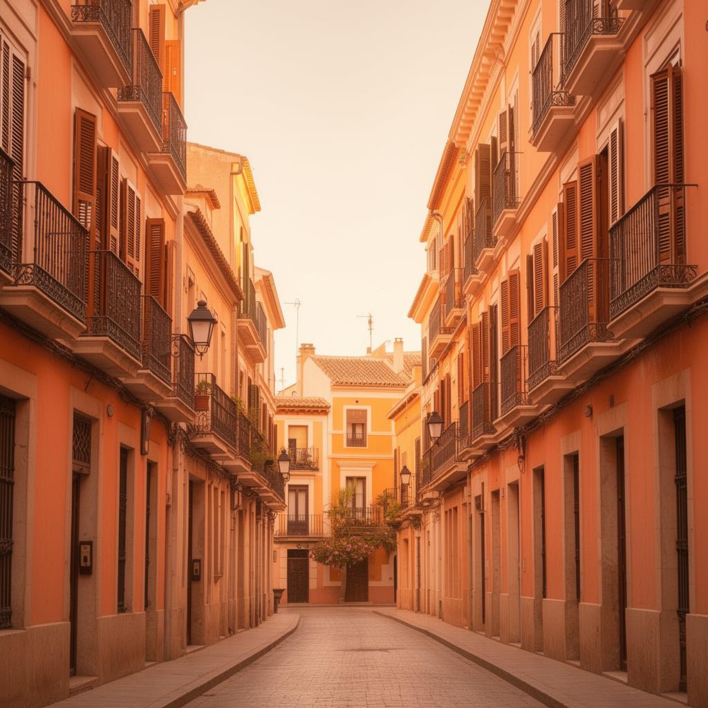 Pastel-coloured Valencia street at golden hour